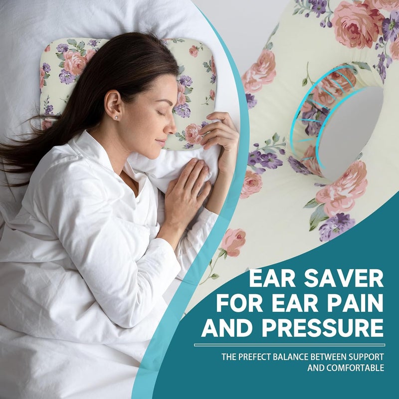Wuronsa Ear Piercing Pillow with an Ear Hole, Cotton and Polyester Side Sleeping Pillow for CNH and Ear Pain Ear Inflammation Pressure Sores for Side Sleepers, Ear Guard Pillow (Red Flower) - Image 4